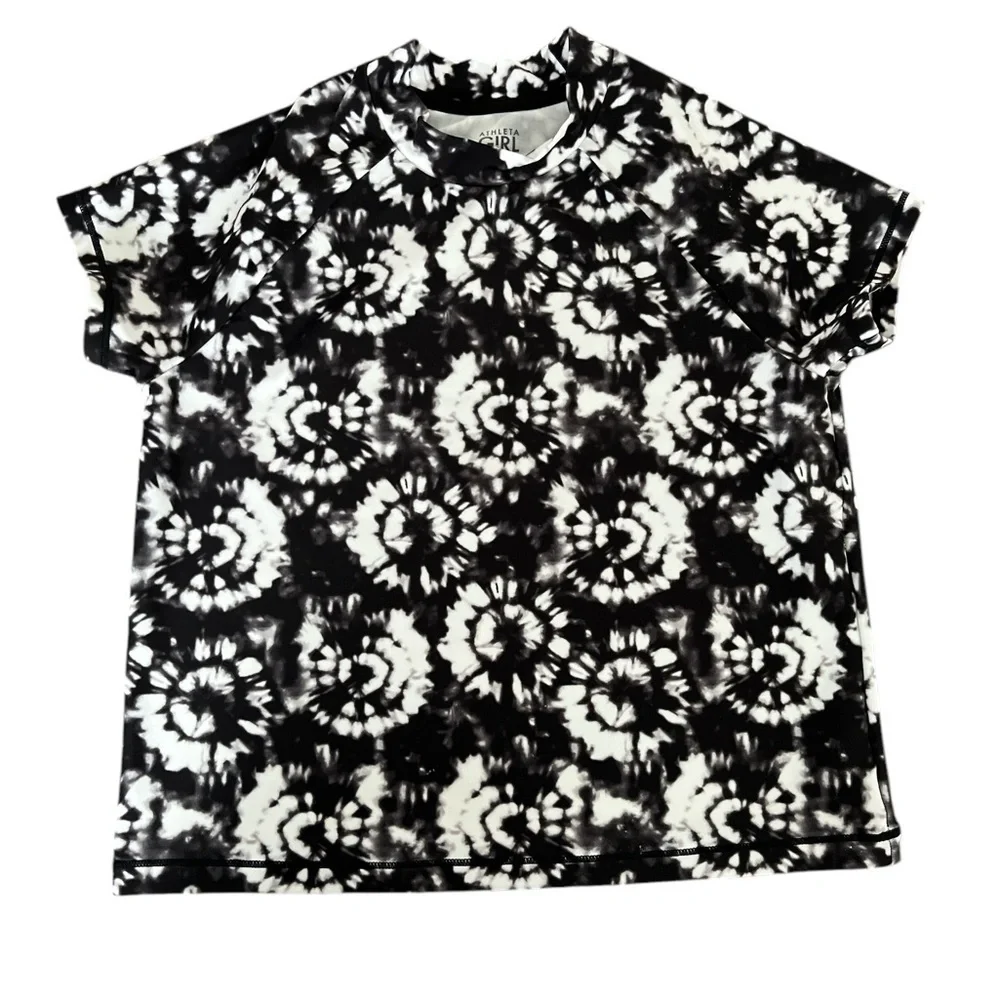 Athleta Girl Mock Neck Black and White Tie Dye Print Rashguard Size 8-10 Medium